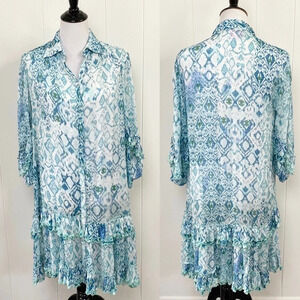 Miss June Paris Blue Green White Ikat Print Long Sleeve Embroidered Ruffle Dress